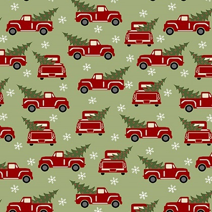 Benartex - Jingle Bell Flannel - Red Truck Holiday, Green