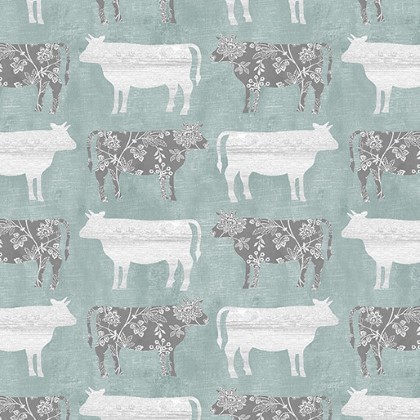 Benartex Artistry - Chalk Barn - Cocalico Cows, Medium Teal