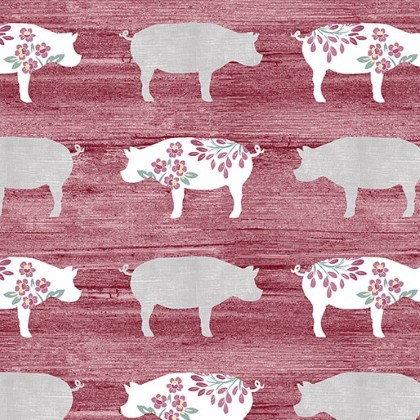 Benartex Artistry - Chalk Barn - Pretty Pigs, Red