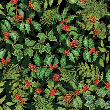 Benartex Kanvas Studio - Christmas Musical - Holly & Berries, Black