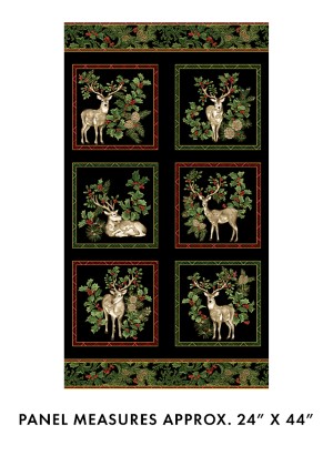 Benartex Traditions - Winter in The Pines - 24' Deer Panel, Black