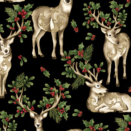 Benartex Traditions - Winter in The Pines - Graceful Deer, Black