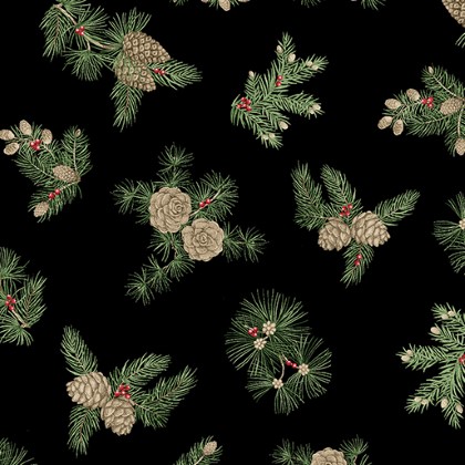 Benartex Traditions - Winter in The Pines - Pine Cones, Black