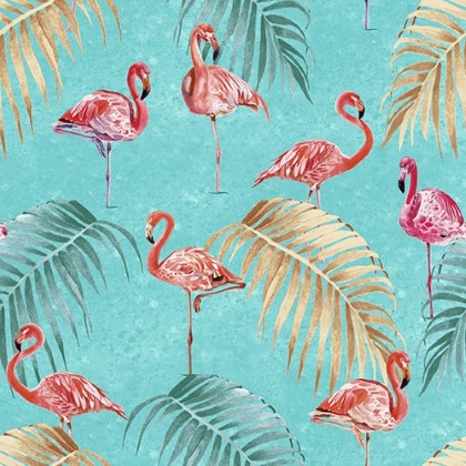 Blank Quilting - Flock Star - Flamingos With Leaves, Aqua