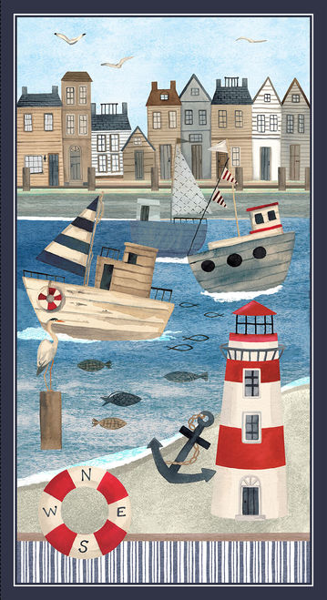 Blank Quilting - Harbor Days - 24' Harbor Scene Panel, Blue