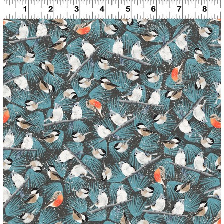 Clothworks - Winter Woodland - Birds on Pine Bough, Dark Brown