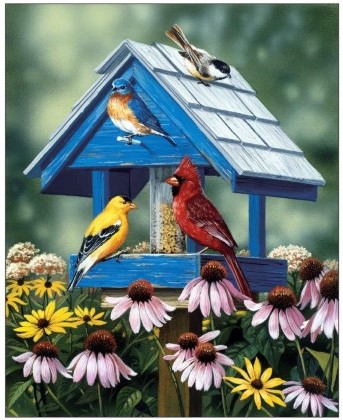 David Textiles - Exclusive Panels - 36' Birdhouses & Coneflowers, Green