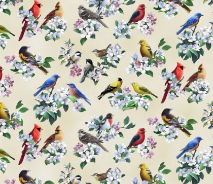 Elizabeth Studio - Tweethearts - Birds on Blossoms, Cream