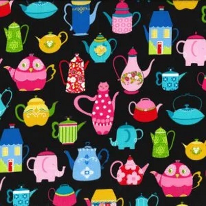 Fabric Traditions - Novelty Prints - Tea Cups, Black