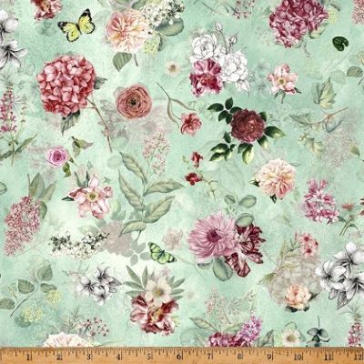 Hoffman California - Botanical Charm - Flowers & Butterflies, Mint