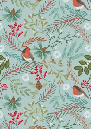 Lewis & Irene - New Forest Flannel - Robin in Woodland, Icy Blue