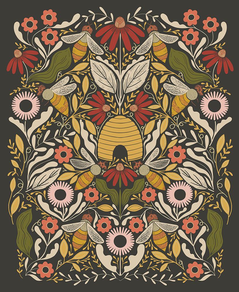 Moda - Bee Garden - 36' Bees & Flowers Panel, Metallic Black