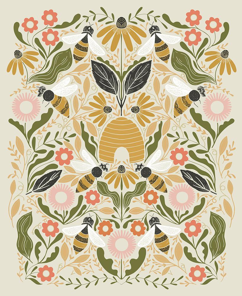 Moda - Bee Garden - 36' Bees & Flowers Panel, Metallic Porcelain