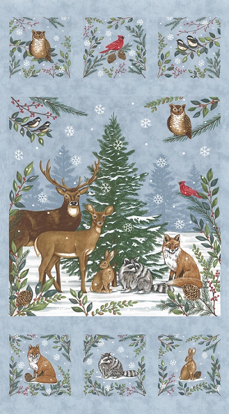 Moda - Woodland Winter - 24' Woodland Animal Panel, Sky Blue