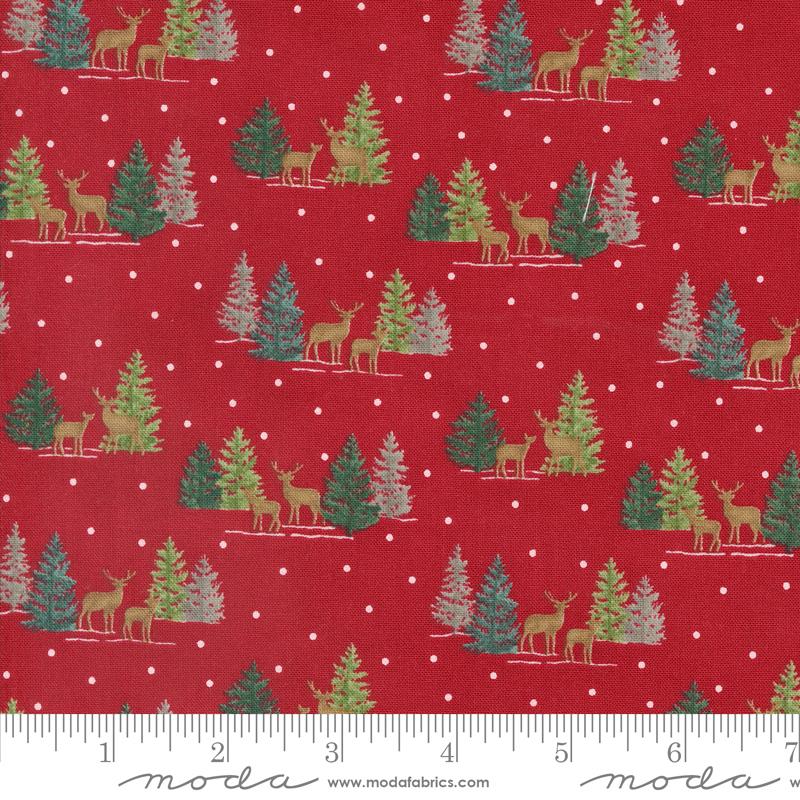 Moda - Woodland Winter - Tiny Deer & Pine Trees, Cardinal Red