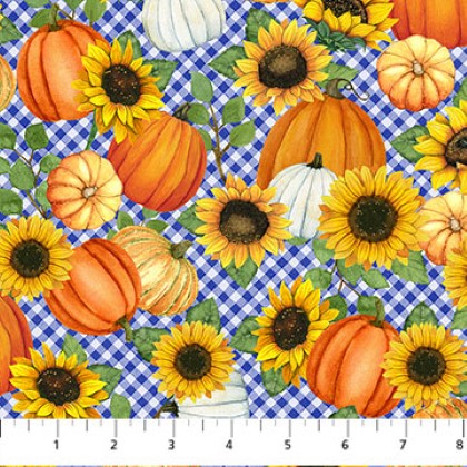 Northcott - Autumn Gathering - Pumpkins & Sunflowers, Blue