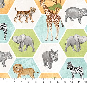 Northcott - Baby Safari - Animal Hexagons, White