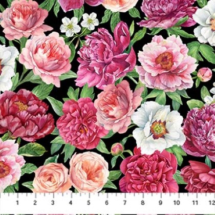 Northcott - Blush - Packed Floral, Black