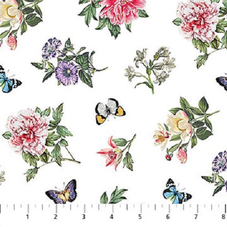 Northcott - Botanica - Digital Print Floral Toss, White/Multi