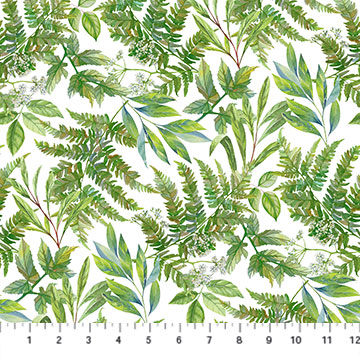 Northcott - Morning Blossom - Green Fern Toss, White