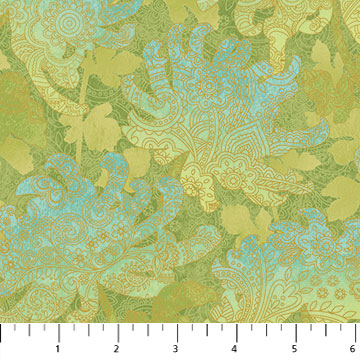 Northcott - Radiance - Large Paisley Floral, Metallic/Turquoise