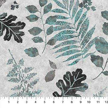 Northcott - Shimmer Luminous - Scattered Leaves, Gray/Turquoise