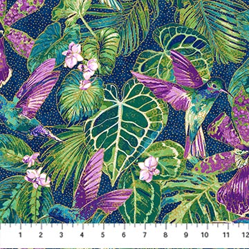 Northcott - Shimmer Paradise - Hummingbirds & Leaves, Navy