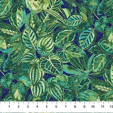 Northcott - Shimmer Paradise - Packed Leaves, Navy