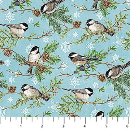 Northcott - Woodland Woolies Flannel - Chickadees, Blue