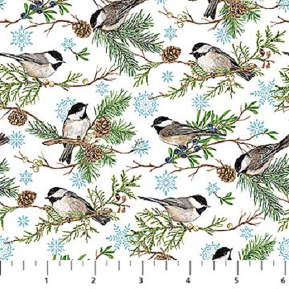 Northcott - Woodland Woolies Flannel - Chickadees, White