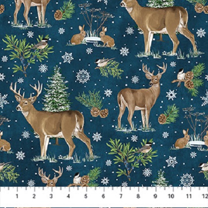 Northcott - Woodland Woolies Flannel - Deer & Rabbits, Navy