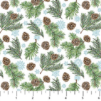 Northcott - Woodland Woolies Flannel - Pinecones & Boughs, White