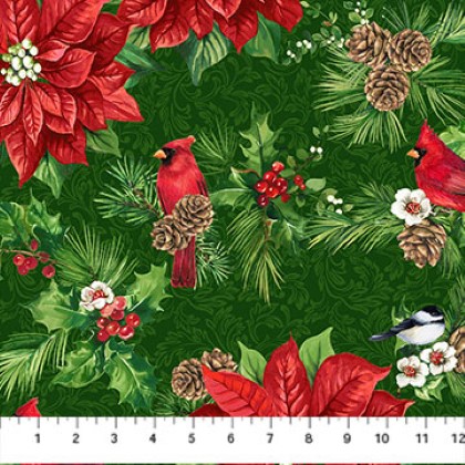 Northcott - Yuletide Traditions - Poinsettia & Cardinal, Green