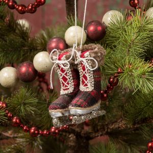 Ornament - Ice Skate Pair, Buffalo Check