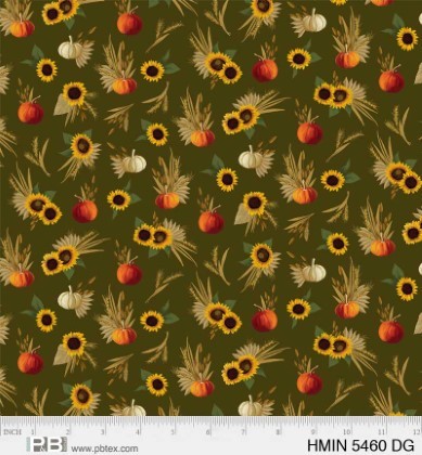 P & B Textiles - Harvest Minis - Sunflowers & Pumpkins, Dark Green