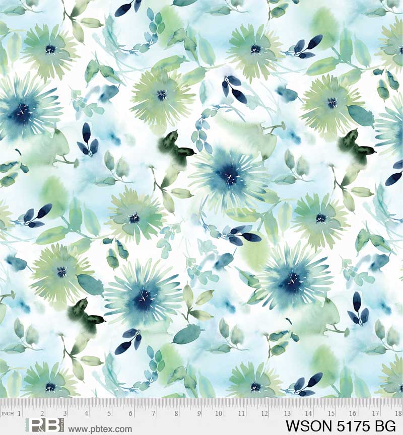 P & B Textiles - Whisper Song - Large Floral, Blue/Green