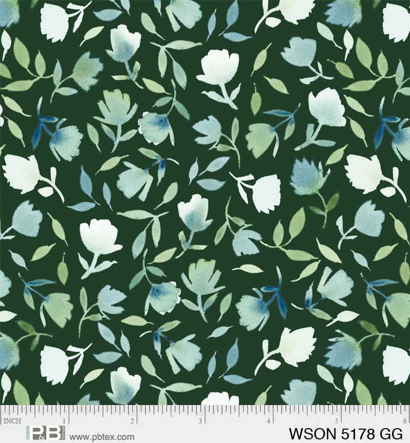 P & B Textiles - Whisper Song - Leaves & Florals, Dark Green