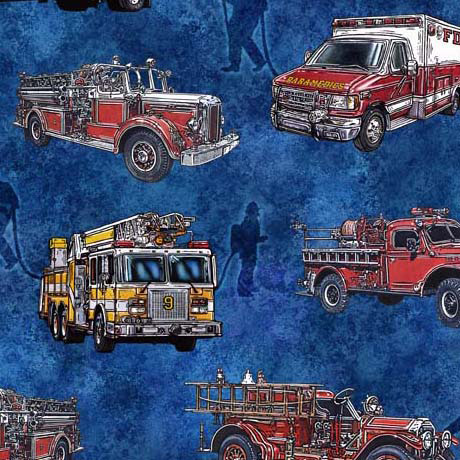 Quilting Treasures - American Heroes: Firefighters - Fire Trucks, Royal Blue