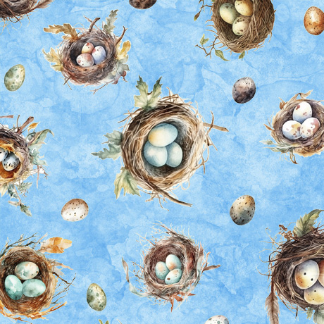 Quilting Treasures - Birdsong - Nest & Eggs, Blue