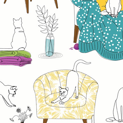 Quilting Treasures - Cat Flat - Cats on Chairs, Multi on White