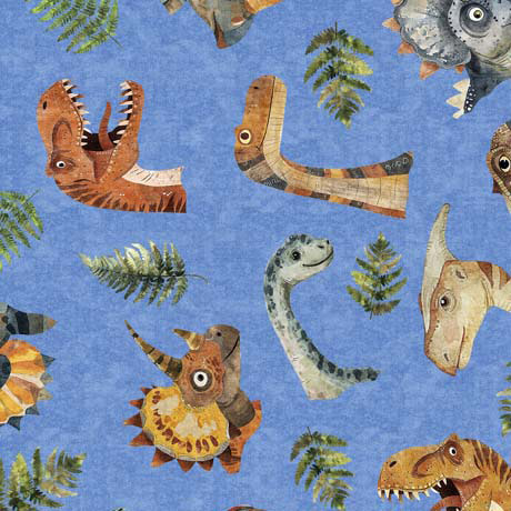 Quilting Treasures - Dinoroars! - Dino Heads & Ferns, Blue