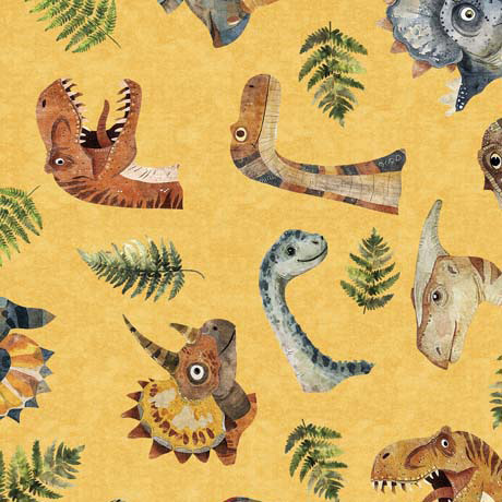 Quilting Treasures - Dinoroars! - Dino Heads & Ferns, Gold