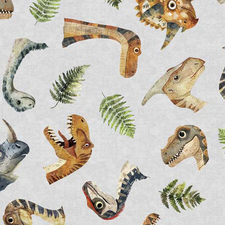 Quilting Treasures - Dinoroars! - Dino Heads & Ferns, Gray