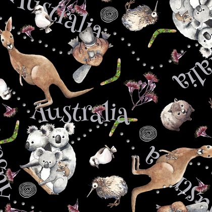 Quilting Treasures - Kiwis & Koalas - Animal Toss, Black