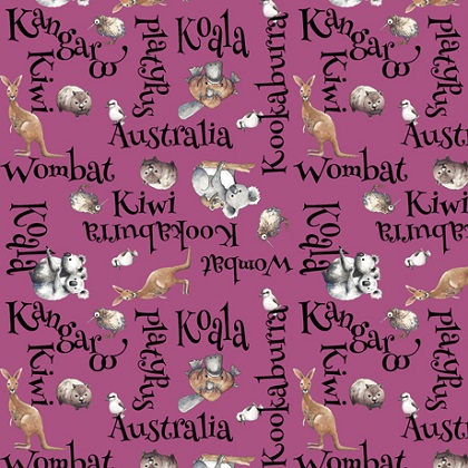 Quilting Treasures - Kiwis & Koalas - Word Toss, Raseberry