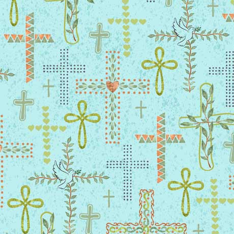 Quilting Treasures - Rejoice - Crosses, Aqua