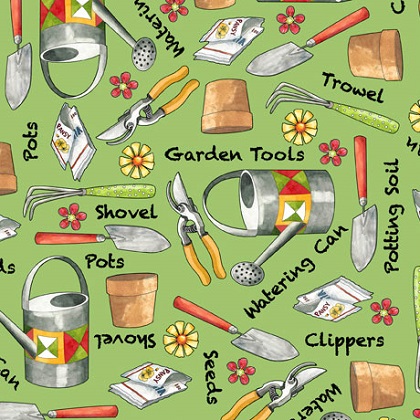 Quilting Treasures - Who Let the Hogs Out - Garden Tools, Green