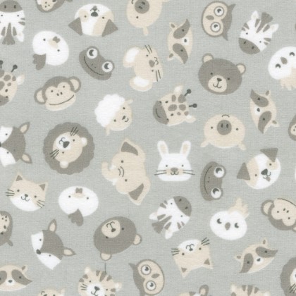 Robert Kaufman - Cozy Cotton Flannel - Animal Heads, Fog