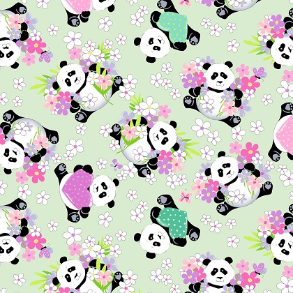 SusyBee - Panda Party - Tossed Pandas, Soft Green