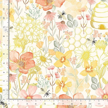 Timeless Treasures - Bee - Home Sweet Home - Large Beehive Garden Floral, Cream